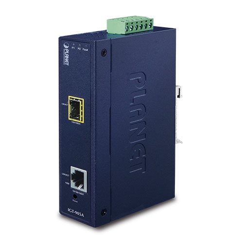 IGT-905A  IP30 Industrial SNMP Manageable 10/100/1000Base-T to 100/1000FX (SFP) Gigabit Media Converter (-30~75C)