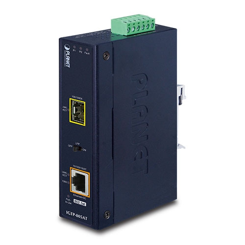 IGTP-805AT IP30 Industrial 10/100/1000Base-T to 1000FX (SFP) Media Converter with 802.3at POE+ (-40 ~ 75 C)