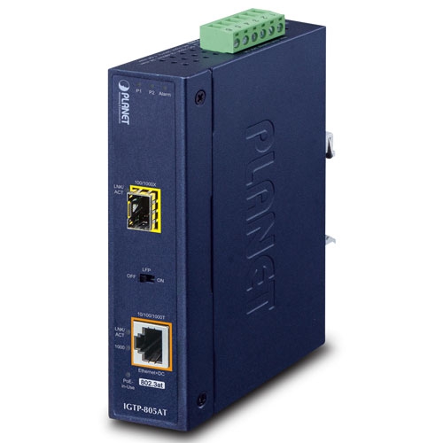 IGTP-805AT 1000BASE-SX /LX to 10/100/1000BASE-T 802.3at PoE+ Industrial Media Converter (mini-GBIC, SFP)