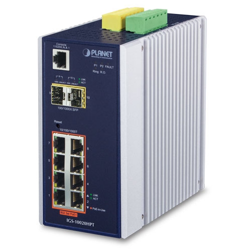 IGS-10020HPT IP30 Industrial SNMP Switch 8-Port 10/100/1000Base-TX 802.3at PoE + 2-Port 100/1000FX (SFP) (-40 ~ 75C)