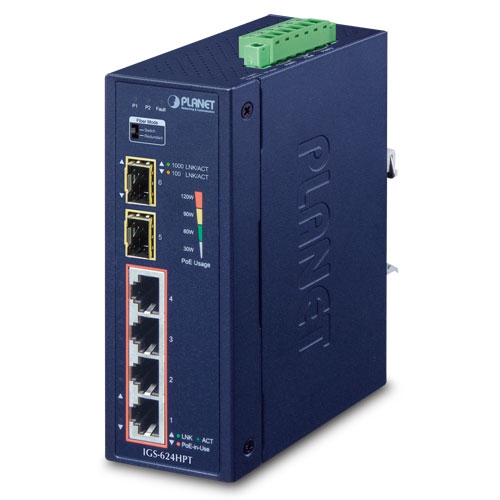 IGS-624HPT Industrial 4-Port 10/100/1000T 802.3at PoE + 2-Port 100/1000X SFP Ethernet Switch