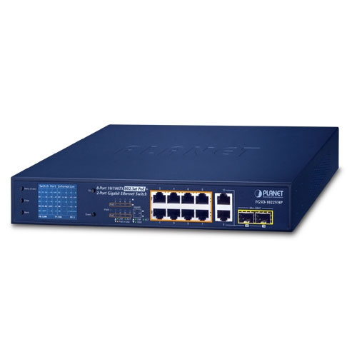 FGSD-1022VHP 8-Port 10/100TX 802.3at PoE + 2-Port Gigabit TP/SFP Combo Desktop Switch with LCD PoE Monitor (120 Watts)