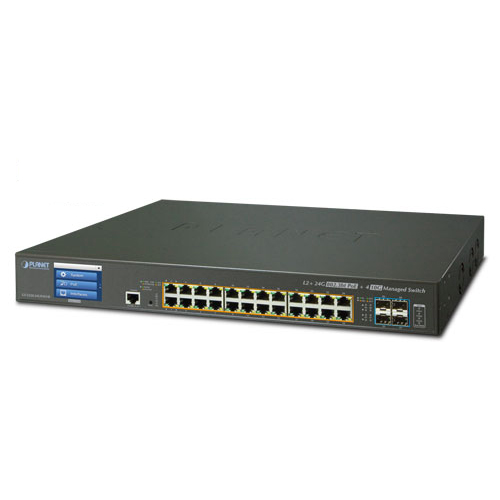 GS-5220-24UP4XVR L2+ 24-Port 10/100/1000T Ultra PoE + 4-Port 10G SFP+ Managed Switch with LCD Touch Screen and Redundant Power (400W)