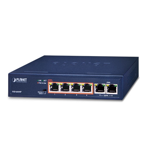 FSD-604HP 4-Port 10/100TX 802.3af/at PoE + 2-Port 10/100TX Desktop Switch (60 Watts)