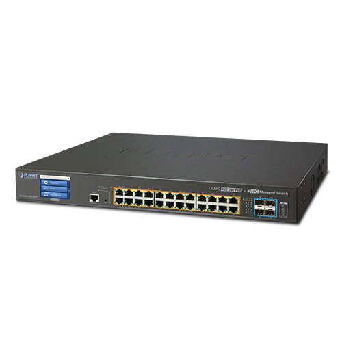 GS-5220-24PL4XVR L3 24-Port 10/100/1000T 802.3at PoE + 4-Port 10G SFP+ Managed Switch with LCD Touch Screen and Redundant Power