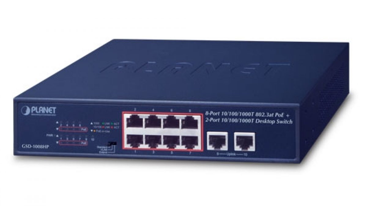GSD-1008HP 8-Port 10/100/1000T 802.3at PoE + 2-Port 10/100/1000T Desktop  Switch (120 watts) - Planet Technology USA