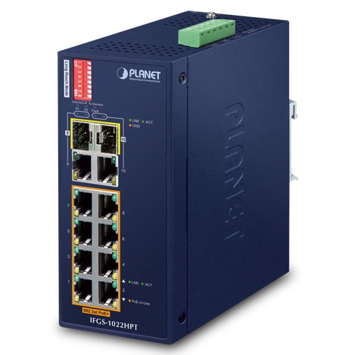 IFGS-1022HPT Industrial 8-Port 10/100TX 802.3at PoE + 2-Port Gigabit TP/SFP Combo Ethernet Switch