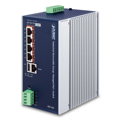 BSP-360 Industrial Renewable Power 5-Port Gigabit Managed Switch/Router with 4-Port 802.3at PoE+
