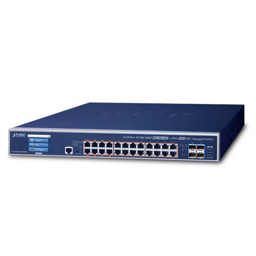 GS-5220-24UPL4XVR L3 24-Port 10/100/1000T 802.3bt PoE + 4-Port 10G SFP+ Managed Switch with LCD Touch Screen and Redundant Power (600W)