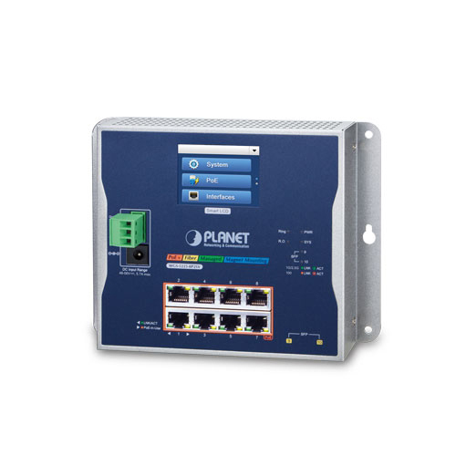 WGS-5225-8P2SV Industrial 8-Port 10/100/1000T 802.3at PoE + 2-Port 1G/2.5G SFP Wall-mount Managed Switch with LCD touch screen