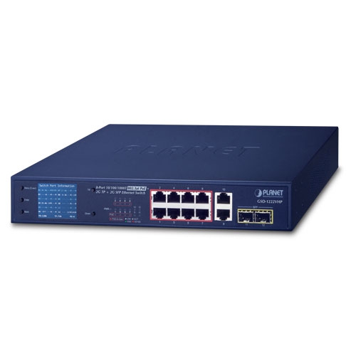 GSD-1222VHP 8-Port 10/100/1000T 802.3at PoE + 2-Port 10/100/1000T + 2-Port 1000X SFP Ethernet Switch with PoE LCD Monitor