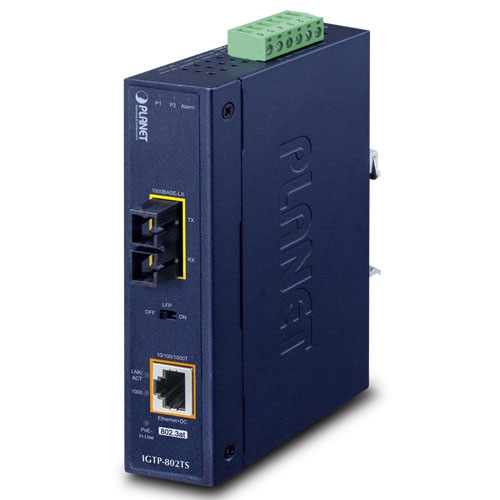 IGTP-802TS IP30 Industrial 1000BASE-LX to 10/100/1000BASE-T 802.3at PoE+ Media Converter (SC,SM) -20km