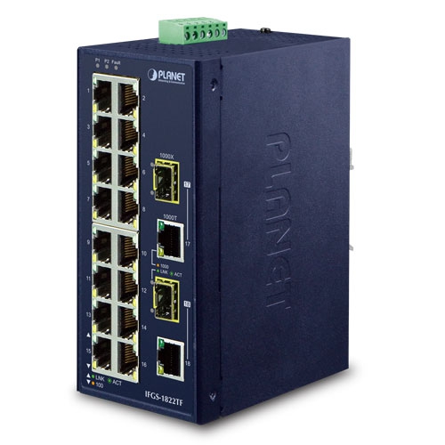 IFGS-1822TF Industrial 16-Port 10/100TX + 2-Port Gigabit TP/SFP Combo Ethernet Switch (-40~75C)