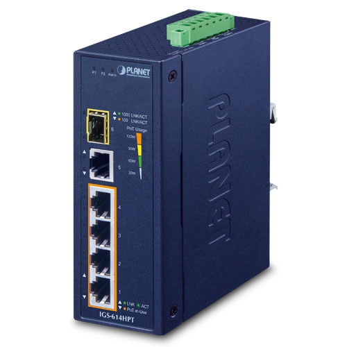 IGS-614HPT Industrial 4-Port 10/100/1000T 802.3at PoE + 1-Port 10/100/1000T + 1-Port 100/1000X SFP Gigabit Ethernet Switch
