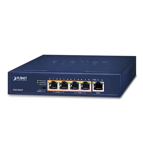 GSD-504UP 2-Port 10/100/1000T 802.3bt PoE + 2-Port 10/100/1000T 802.3at PoE + 1-Port Gigabit Desktop Switch (External 120W)