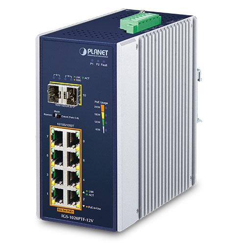 IGS-1020PTF-12V Industrial 8-Port 10/100/1000T 802.3at PoE + 2-Port 100/1000X SFP Ethernet Switch w/ 12V Booster (-40~75C)