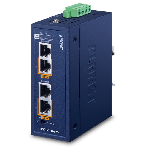 IPOE-270-12V Industrial 2-port Multi-Gigabit 802.3bt PoE++ Injector Hub w/12V Booster (-40~75C, 12~54VDC)