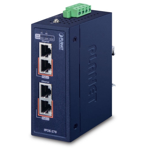 IPOE-270 Industrial 2-port Multi-Gigabit 802.3bt PoE++ Injector Hub (-40~75C)