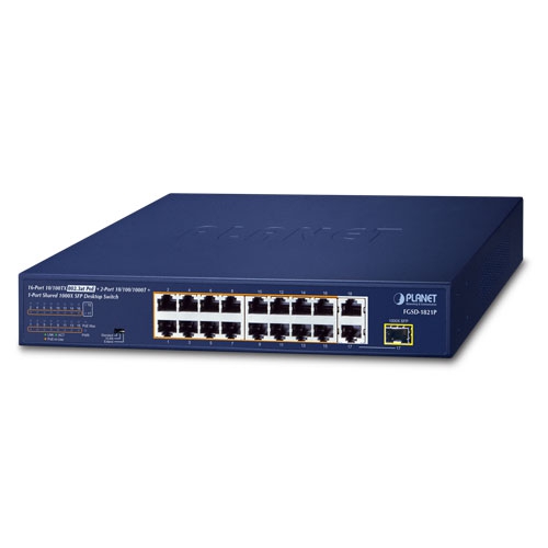 FGSD-1821P 16-Port 10/100TX 802.3at PoE + 2-Port 10/100/1000T + 1-Port Shared 1000X SFP Desktop Switch (185W)