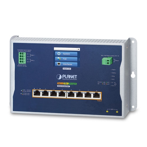 WGS-5225-8UP2SV Industrial L2+ 8-Port 10/100/1000T 802.3bt PoE + 2-Port 1G/2.5G SFP Wall-mount Managed Switch with LCD Touch Screen