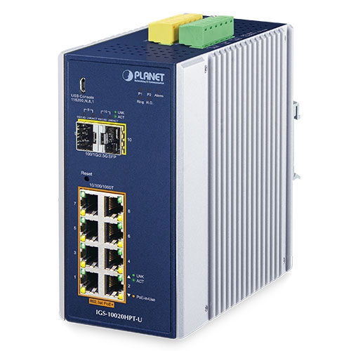 IGS-10020HPT-U Industrial 8-port 10/100/1000T 802.3at PoE + 2-port 1G/2.5G SFP Managed Switch with USB Console