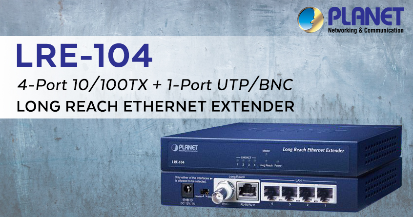 The PLANET LRE-104 4-Port 10/100TX + 1-Port UTP/BNC Long Reach Ethernet Extender