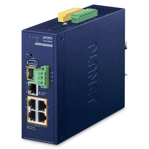IVR-300FP Industrial 4-Port 10/100/1000T 802.3at PoE + 1-Port 10/100/1000T + 1-Port 1000X SFP VPN Security Gateway