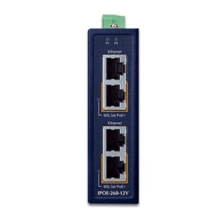 IPOE-260-12V Industrial 2-port 10/100/1000T 802.3at PoE+ Injector Hub w/ 12V Booster